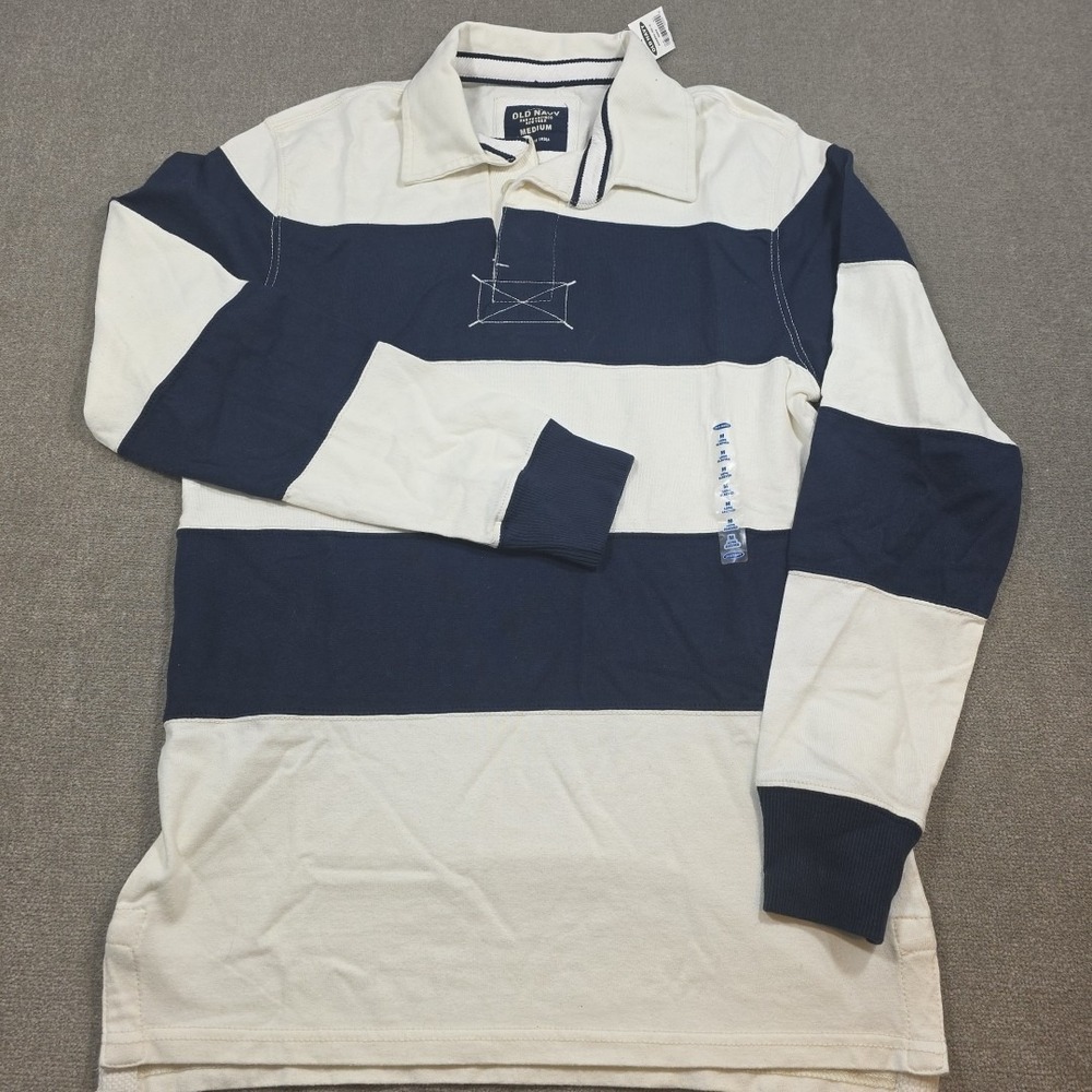 Old Navy Rugby Shirt Mens Medium White Blue Stripe Thick‎ Preppy Vtg, NWT